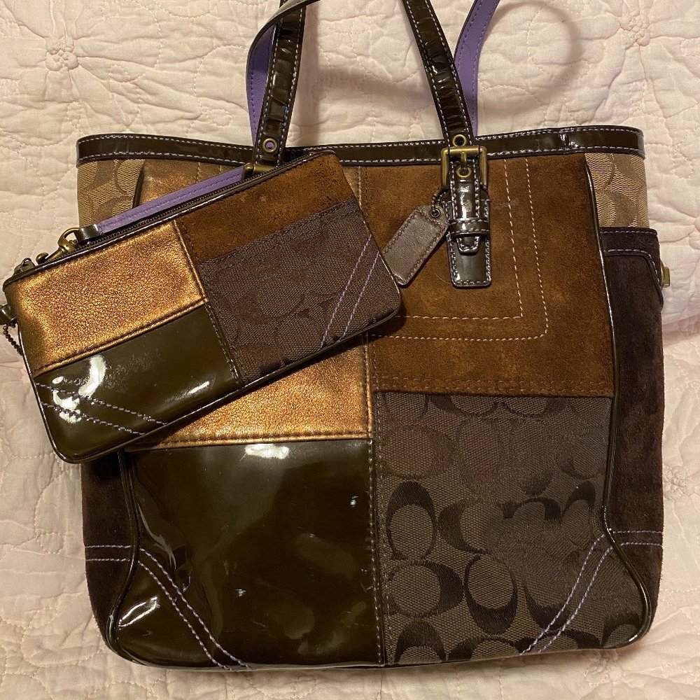Coach Brown Patchwork Tote and Wristlet